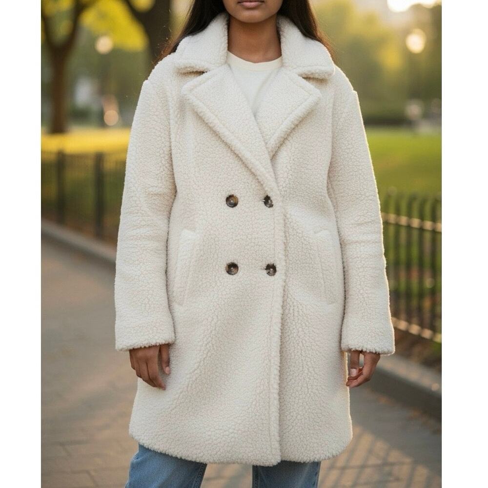 Stoosh Ivory Teddy Sherpa Long Coat Size Medium Fleece Double Breasted Soft Cozy